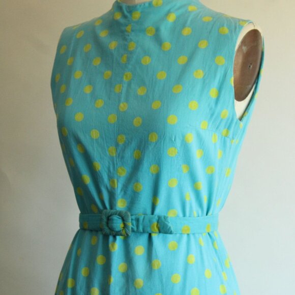 Vintage 1960s Dress with Belt, Blue with Yellow Polka Dots, Summer - Picture 7 of 10